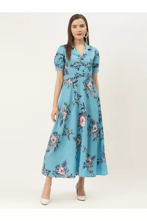 Deewa Women Blue & Pink Floral Print Maxi Dress