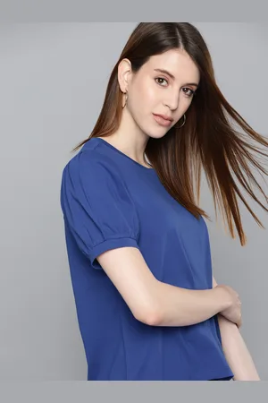 Chemistry Women Blue Solid Round Neck T-shirt With Puff Sleeves