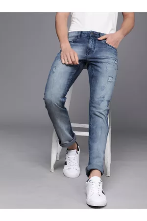 WROGN Men Blue Straight Fit Mildly Distressed Heavy Fade Stretchable Jeans