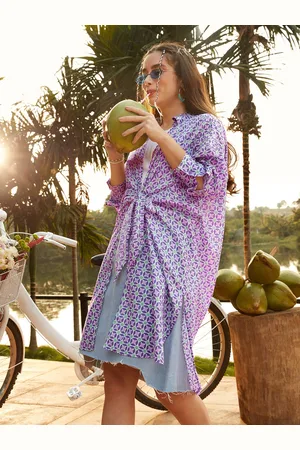 MANGO Women Purple & Green Pure Cotton Printed Longline Tie-Up Shrug