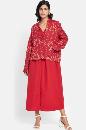 Fabindia Women Red Yellow Open Front Flax Jacket