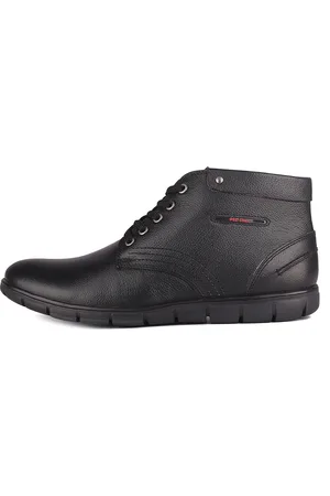 Red Chief Men Black Solid Leather Mid-Top Flat Boots