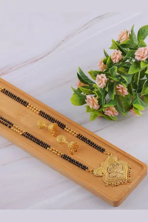 Brandsoon Gold-Plated Black Beaded Mangalsutra With Earrings