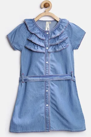 StyleStone Girls Blue Ruffled Denim Shirt Dress