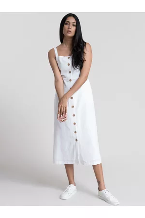 FableStreet Women Cotton White Solid Button-Down A-Line Midi Dress