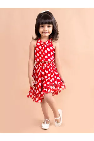 pspeaches Girls Red & White Printed Top with Skirt