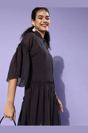 KASSUALLY Women Deep Navy Blue Geometric Trapeze Dress