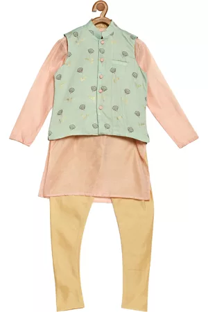 Ethnovog Boys Peach-Coloured Regular Kurta with Pyjamas Jacket