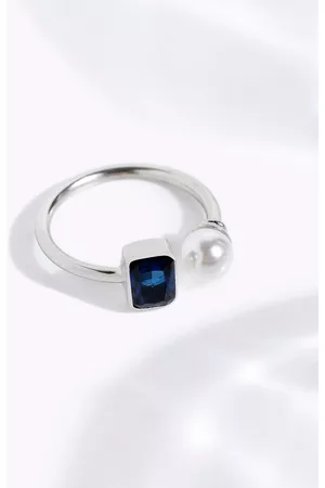 FableStreet 925 Sterling Silver Rhodium-Plated Blue Zircon Pearl Adjustable Ring