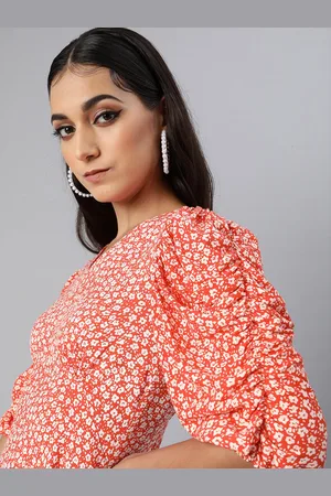 Sera Women Orange Printed Fit and Flare Dress