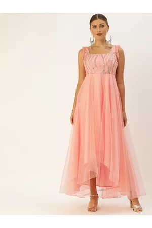 Ethnovog Women Peach-Coloured Made To Measure Embellished Maxi Dress with Gathers