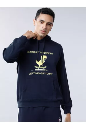LocoMotive Men Navy Blue Printed Hooded Sweatshirt