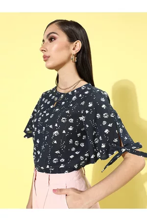 DressBerry Women Deep Navy Blue Romantic Florals Top