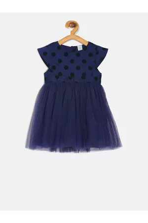 MINI KLUB Girls Navy Blue Polka Dot Printed Fit and Flare Dress