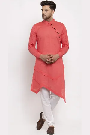 KLOTTHE Men Peach-Coloured Thread Work Asymmetric Kurta