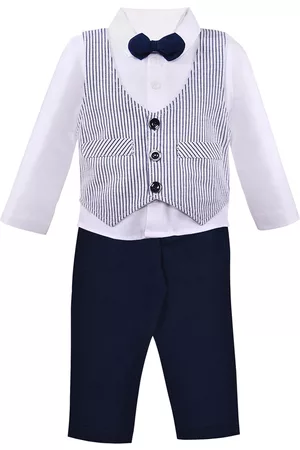 Wish Karo Boys Navy Blue & White Striped Shirt with Trousers