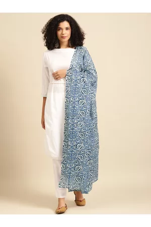 anayna Blue & White Floral Print Pure Cotton Dupatta