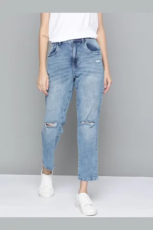 Mast & Harbour Women Blue Boyfriend Fit Low Distress Heavy Fade Stretchable Jeans