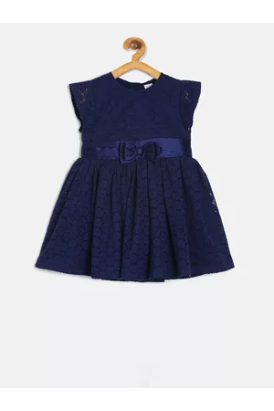 MINI KLUB Girls Navy Blue Self Design Fit and Flare Dress