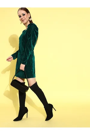 ATHENA Women Green Velvet A-Line Mini Dress