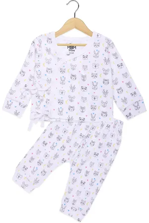 The Mom Store Kids White Printed Pure Cotton Top with Pyjamas