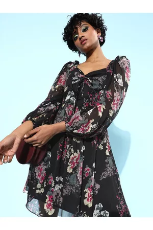 ATHENA Women Stylish Black Floral Sweetheart Neck Dress
