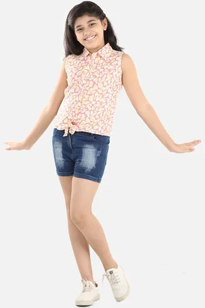 StyleStone Girls Pink & Blue Floral Printed Pure Cotton Top with Shorts
