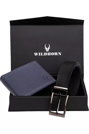 WildHorn Men Blue & Black Textured RFID Protected Genuine Leather Wallet & Belt Accessory Gift Set