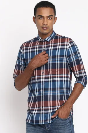 Lee Men Blue & Rust Classic Slim Fit Checked Cotton Casual Shirt
