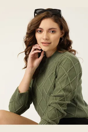 DressBerry Women Olive Green Geometric Design Pullover