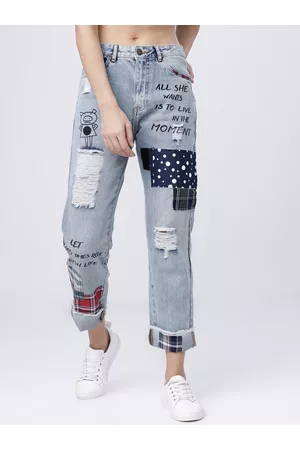 Tokyo Talkies Women Blue Boyfriend Fit Mid-Rise Highly Distressed Jeans