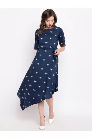 Rangriti Women Blue Bird Print A-Line Dress