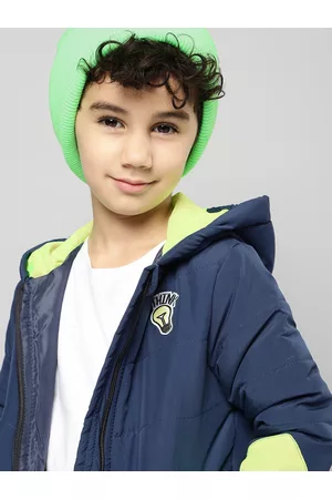 YK Boys Navy Blue Solid Hooded Padded Jacket