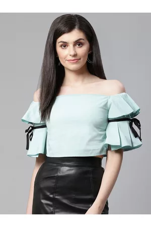 STREET 9 Women Green Solid Cropped Bardot Top