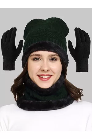 Weavers Villa Women Olive Green Beanie With Warmer and Gloves