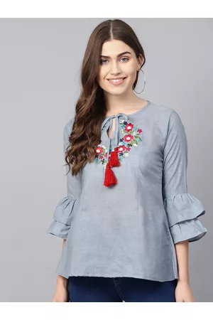 Bhama Couture Women Blue Embroidered Detail Chambray A-Line Pure Cotton Top