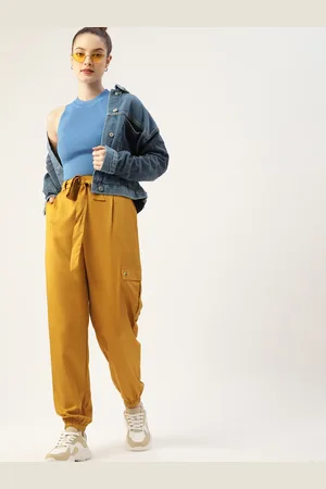 DressBerry Women Mustard Yellow Solid Pleated Joggers with Belt