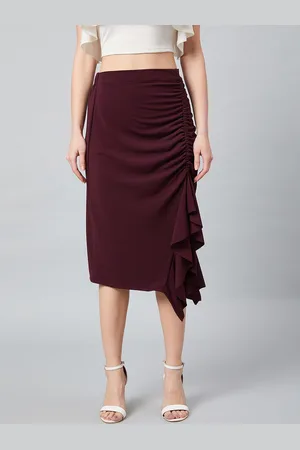 ATHENA Burgundy A-Line Midi Skirt With Front Frill Detail