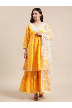 Varanga Women Mustard And White Bandhej Printed Flared Kurti With Sharara With Dupatta.
