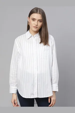 Marks & Spencer Women Blue Striped Pure Cotton Shirt Style Top