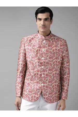 Vastramay Men Pink & Off-White Slim Fit Printed Bandhgala