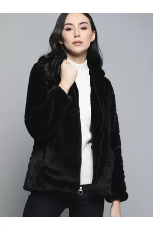 Chemistry Women Black Self Design Hooded Tailored Jacket