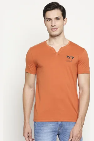 Being Human Men Rust Orange Solid Henley Neck Pure Cotton T-shirt