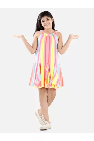 StyleStone Girls Multicoloured Striped Crepe A-Line Dress