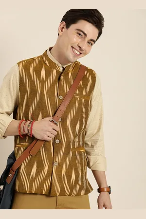Taavi Men Brown Geometric Ikat Printed Nehru Jacket