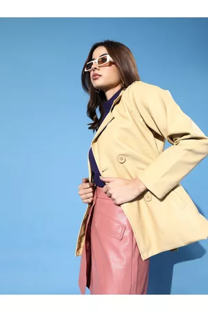 Tokyo Talkies Women Beige Leather Longline Tailored Jacket