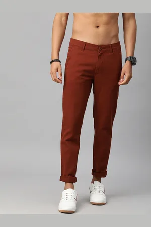Roadster Men Rust Brown Solid Regular Trousers