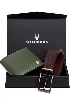 WildHorn Men Green & Brown RFID Protected Genuine Leather Accessory Gift Set