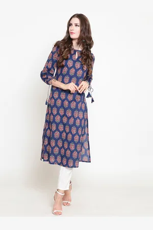 Sera Women Navy Blue & Off-White Printed Kurta with Trousers