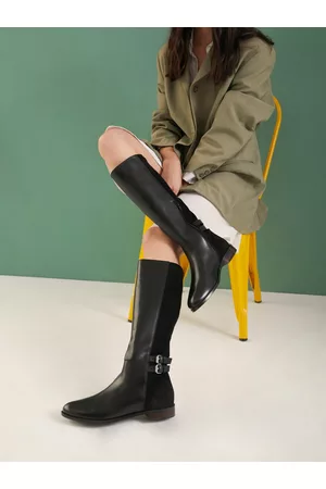 SAINT G. Black Leather Block Heeled Knee High Boots